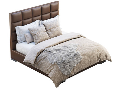 小木屋棕色皮革框架双人床，带床单和毛皮。三维渲染