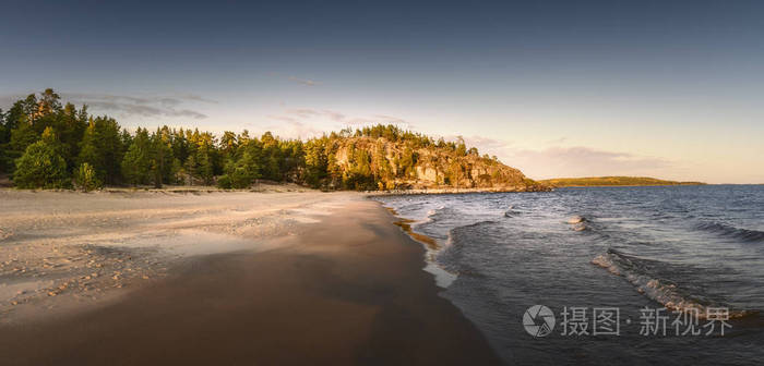 海浪冲击沙滩背景为海岸针叶林