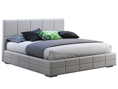 现代灰色皮革框架双平台床，带床单和特色枕头。三维渲染