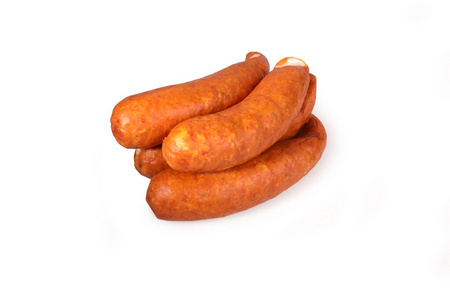  Thin sausage on a white background. Food product.