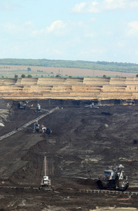 Open pit coal mine with excavators and machinery in Kostolac 