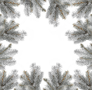 白色背景上的圣诞冷杉树枝创意框架。圣诞节和新年贺卡，寒假。平躺，俯视，阴影刺眼