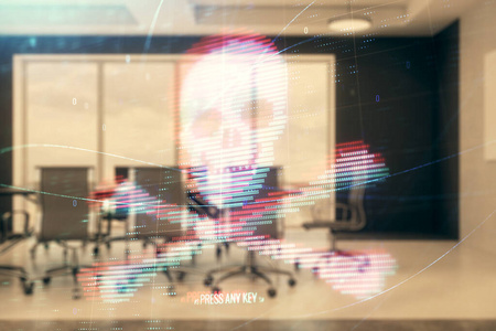 黑客主题全息图在会议室背景上的双重曝光。网络盗版的概念