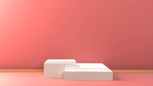 三维白色粉红色立方体渐变色柔和粉彩工作室背景。抽象三维几何图形对象的插图渲染。夏季产品展示。