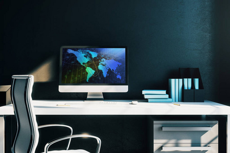 橱柜桌面内饰，电脑屏幕上有世界地图。国际市场和贸易的概念。3d渲染。