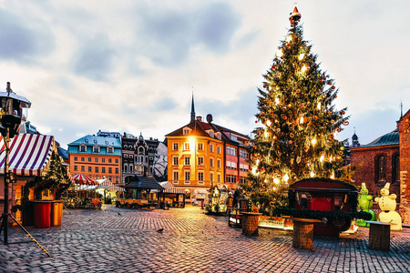 拉脱维亚傍晚里加的圣诞树圆顶广场