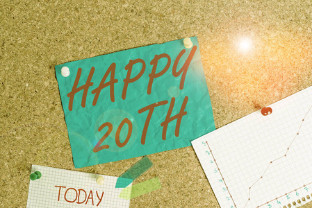 显示快乐20岁的文字标志。第20届活动主题图钉的概念图钉板。