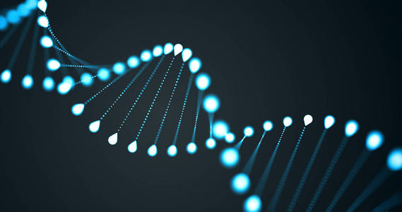 DNA螺旋螺旋，基因染色体分子，遗传细胞三维蓝光环黑色背景。用于分子遗传科学人类基因组生物技术和医学研究的DNA分子