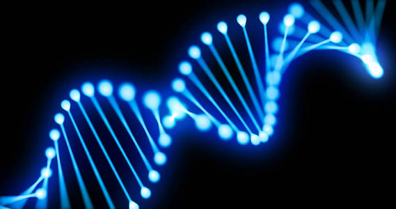 DNA基因螺旋螺旋3D环，黑底蓝光染色体分子细胞。用于分子科学和基因医学技术的DNA分子或基因组细胞