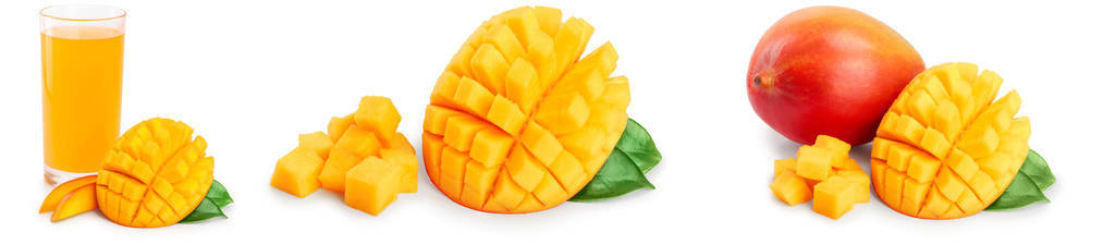 芒果果的一半与叶和切片隔离在白色背景特写。集合或集合