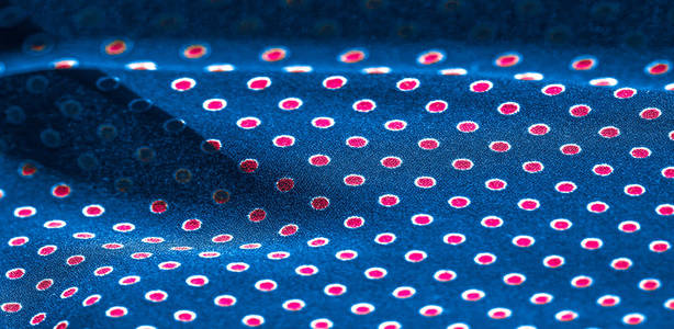 纹理背景，图案，蓝色丝绸面料，红色圆点