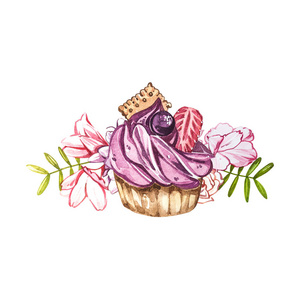白色背景上独立的水彩画蛋糕手绘插图.水彩糖果系列.