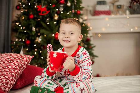 一个穿着圣诞睡衣的小男孩坐在一棵圣诞树旁，手里拿着一杯可可和棉花糖。圣诞节。新年。