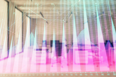 股票和债券市场图表，背景是交易台银行办公室。多重曝光。财务分析概念