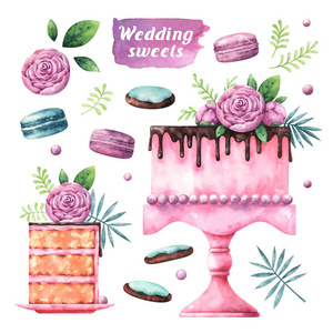甜的 粉红色 绘画 咖啡馆 婚礼 聚会 插图 紫色 面包店