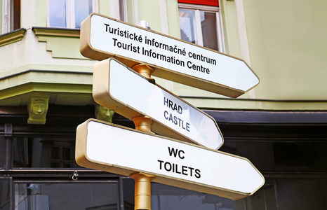 布拉迪斯拉发大街上的指示牌.路标显示斯洛伐克著名地标的方向照片