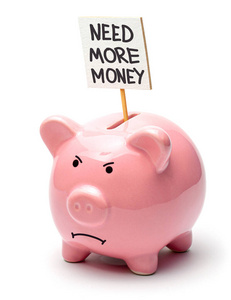 需要更多的钱。粉红色的小猪存钱罐，白色背景上有一张独立的海报。的猪脸