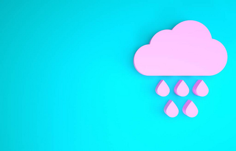 蓝色背景上有雨图标的粉红色云。雨云降水伴随着雨滴。极简主义概念。三维插图三维渲染