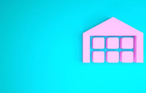 蓝色背景上隔离的粉红色仓库图标。极简主义概念。三维插图三维渲染