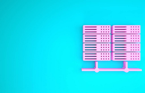 粉红色服务器，数据，网络托管图标隔离在蓝色背景上。极简主义概念。三维插图三维渲染