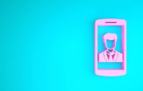 粉色智能手机，屏幕上的联系人图标与蓝色背景隔离。来电。手机屏幕上的人。呼叫联系人。极简主义概念。三维插图三维渲染