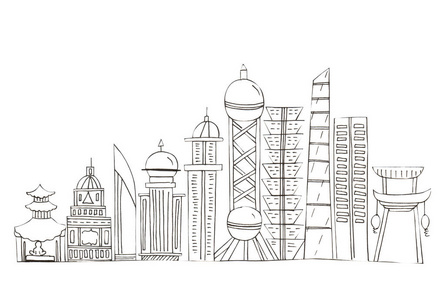 旅游业 涂鸦 全景图 概述 插图 地标 高的 建筑 城市