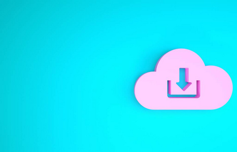 粉色云下载图标隔离在蓝色背景上。极简主义概念。三维插图三维渲染