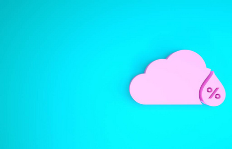 蓝色背景上隔离的粉红色湿度图标。天气和气象，云，温度计符号。极简主义概念。三维插图三维渲染