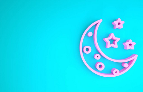 粉红色的月亮和星星图标孤立在蓝色背景上。极简主义概念。三维插图三维渲染