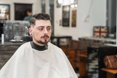 Haircut with beard and head scissors. Mens beauty salon. 