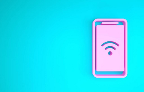 粉色智能手机，蓝色背景上有独立的免费wifi无线连接图标。无线技术，wifi连接，无线网络。极简主义概念。三维插图三维渲染