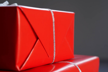 Element of Christmas red gift boxes with silver ribbons