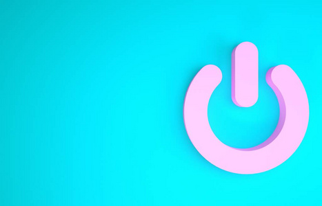 蓝色背景上隔离的粉红色电源按钮图标。开始标志。极简主义概念。三维插图三维渲染
