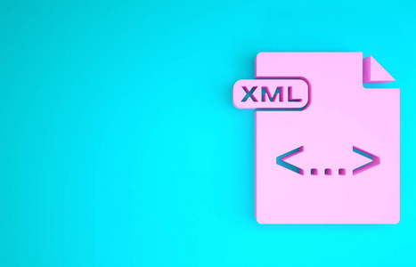 粉红色XML文件文档。下载xml按钮图标隔离在蓝色背景上。XML文件符号。极简主义概念。三维插图三维渲染