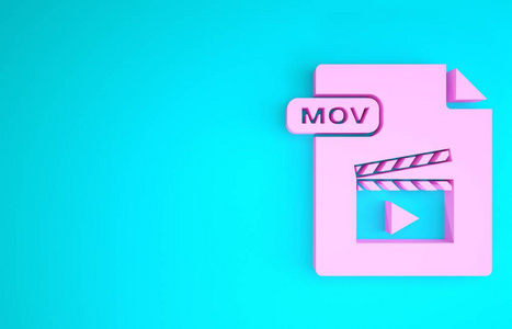 粉红色MOV文件文档。下载mov按钮图标隔离在蓝色背景上。MOV文件符号。音视频采集。极简主义概念。三维插图三维渲染