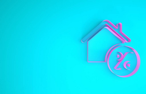 粉红色房子与珀森特折扣标签图标隔离在蓝色背景。房屋签约价格百分比。房地产之家。信用百分比符号。极简主义概念。三维插图三维渲染
