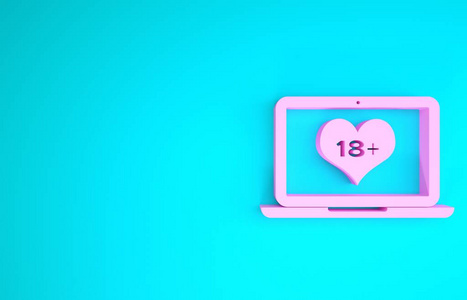 粉红色笔记本电脑，蓝色背景上有18个以上内容的心形图标。年龄限制符号。18加号内容符号。成人频道。极简主义概念。三维插图三维渲染