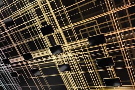 黄金网络空间交叉发光线，三维渲染。
