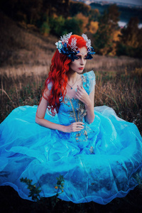童话 秋天 面对 豪华 森林 精灵 艺术 美女 女士 连衣裙