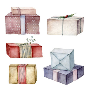 水彩圣诞礼品盒套装。手绘红色米色蓝色条纹和圆点盒子，白色背景上隔离蝴蝶结。假日插画设计，印刷，织物，背景。