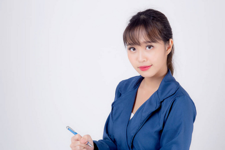 Beautiful portrait young business asian woman thinking and note 