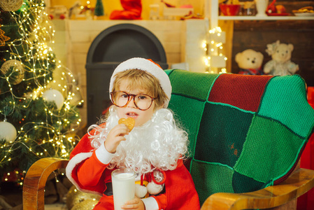 圣诞树背景下的圣诞老人牛奶和姜饼饼干。圣诞老人在平安夜喜欢吃饼干和牛奶。圣诞老人在摘饼干。
