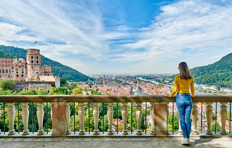 Tourist in Heidelberg town on Neckar river in, Germany 