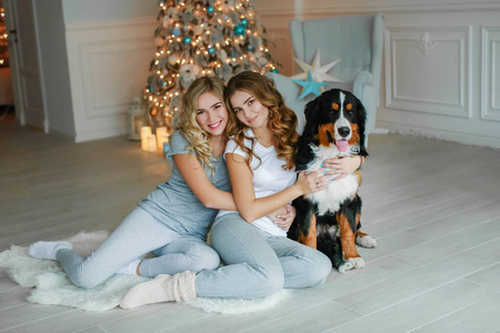 两姐妹成年女孩拥抱他们的宠物在圣诞树装饰的背景