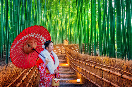 竹林。在日本京都的竹林里，穿着日本传统和服的亚洲妇女。