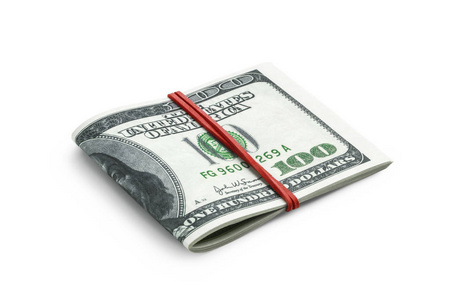 真实百元钞票图几张对折的百元钞票的侧视图,在白色背景上用一条松紧