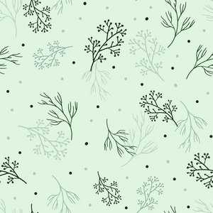 无缝的软绿色背景与绿色花朵的彩绘树枝。墙纸，布料，背景布的创意设计。