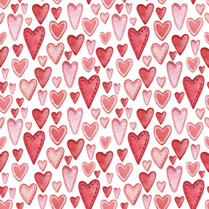 无缝水彩图案与小粉红和红色手绘心形情人节情人节心形。