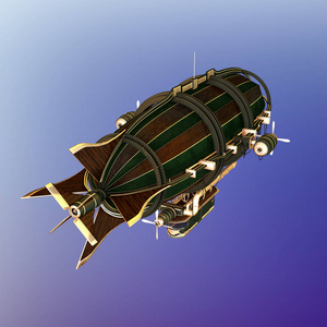 材料朋克三维cg蒸汽朋克飞艇从上面看,当它飞走照片