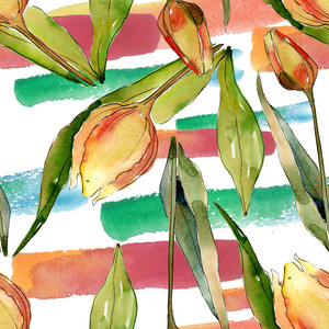 郁金香植物花。水彩背景插图集。无缝背景图案。
